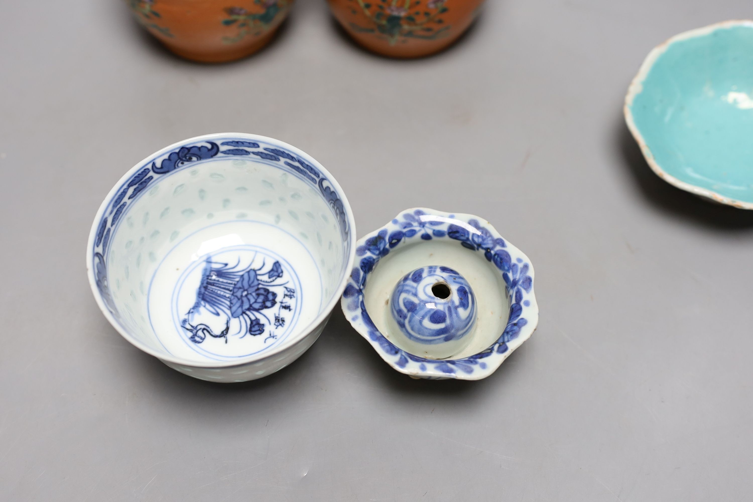 A pair of Chinese Straits chupu , with covers, 12cm. high, two enamelled dishes and two other items